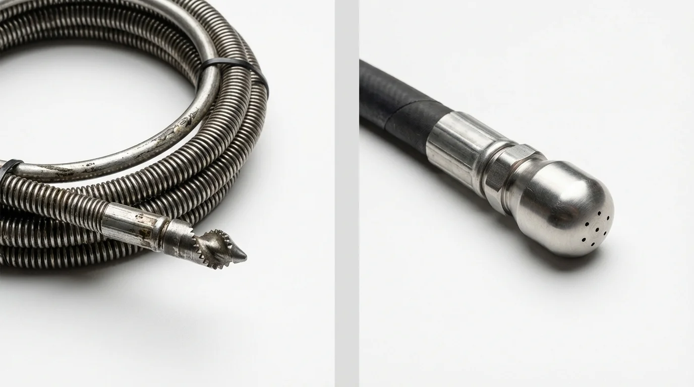 Drain snake cable and hydro jetting nozzle used for drain cleaning in Leeds, ME