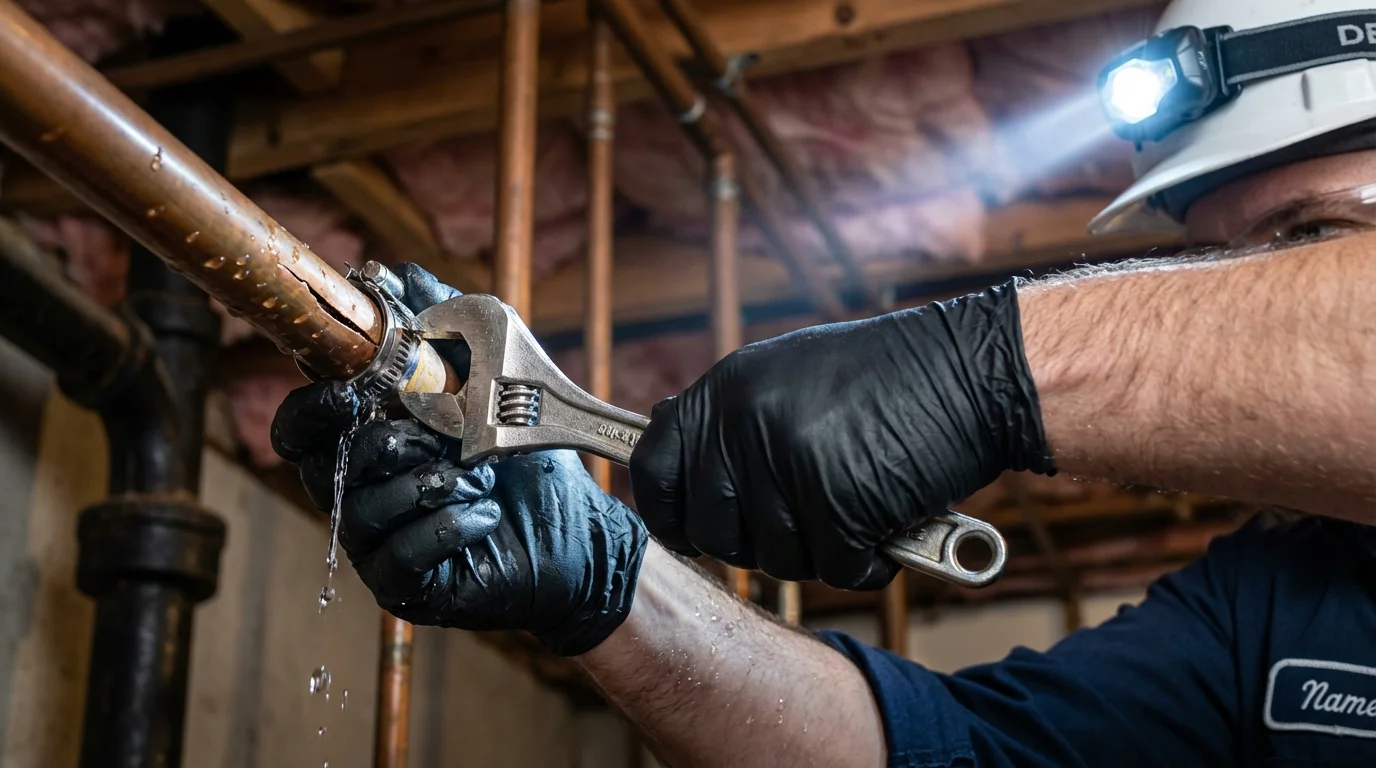Emergency pipe clamp repair being performed by a Johns Plumbing LLC plumber in Leeds