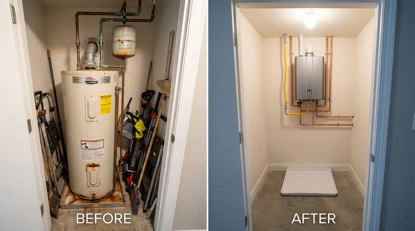 Tank water heater versus wall-mounted tankless unit comparison for Leeds, ME homeowners
