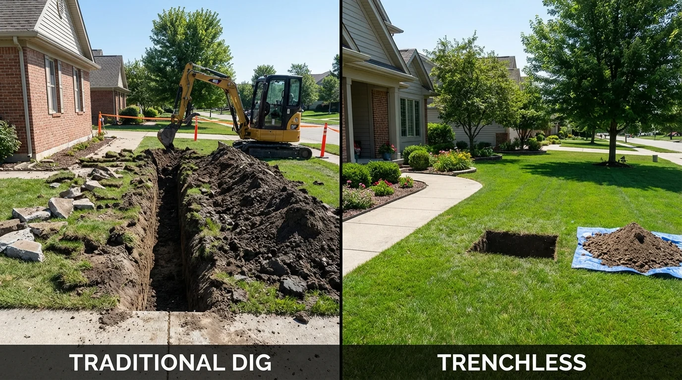 Trenchless sewer repair with minimal yard damage versus traditional excavation in Leeds, ME
