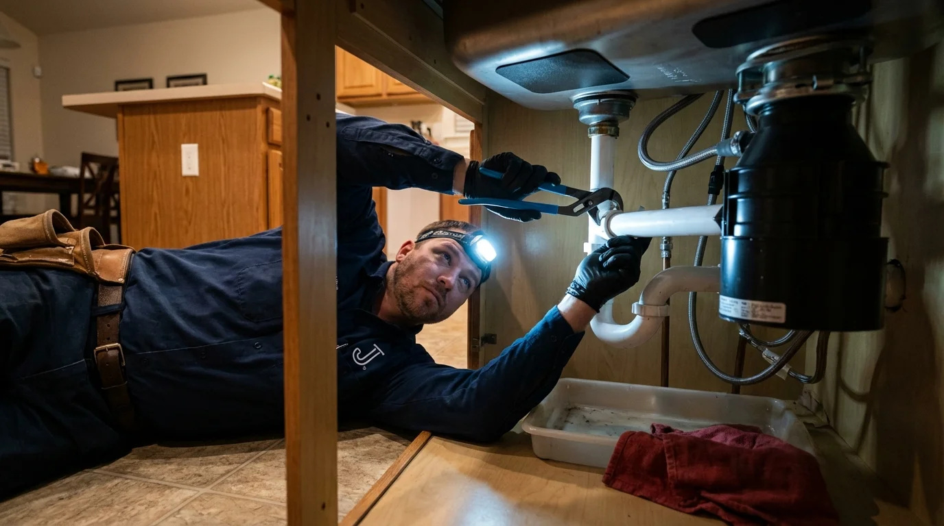 P-trap and supply line connections under a kitchen sink showing a common leak point in Leeds, ME
